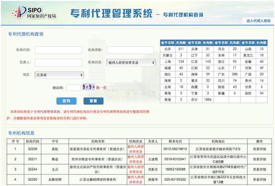 查詢江蘇省的被列入經(jīng)營異常名錄的代理機(jī)構(gòu)